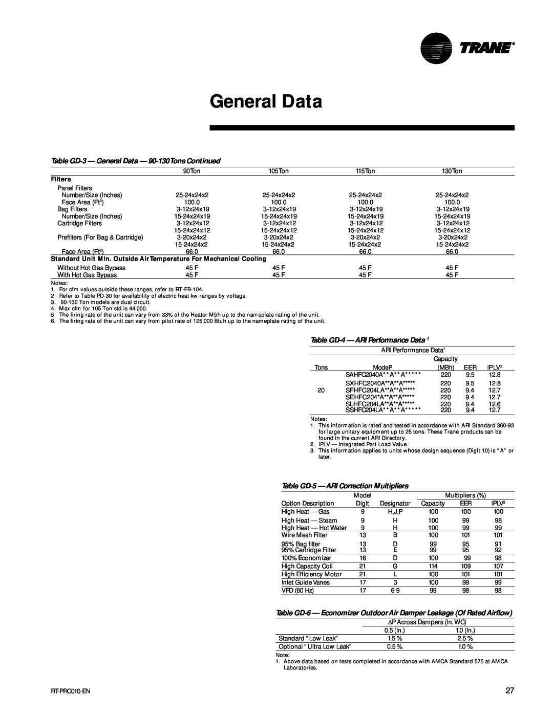 Trane RT-PRC010-EN manual Table GD-3- General Data - 90-130TonsContinued, Table GD-4— ARI Performance Data 