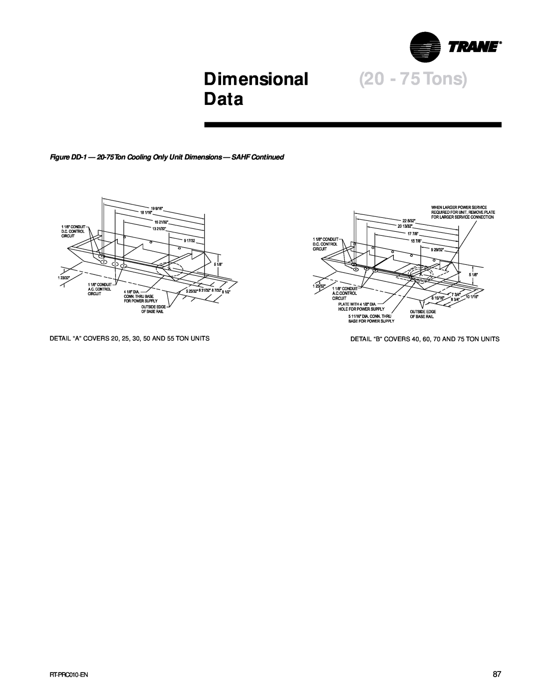 Trane RT-PRC010-EN manual Dimensional 20 - 75Tons, Data, DETAIL “A” COVERS 20, 25, 30, 50 AND 55 TON UNITS 