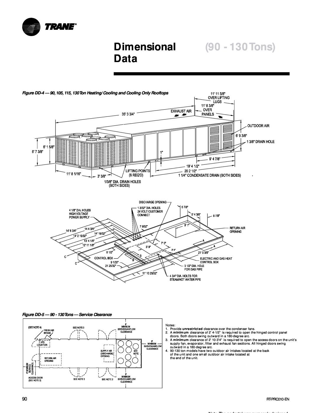 Trane RT-PRC010-EN manual Dimensional 90 - 130Tons, Data, Note The pedestal was purposely designed 