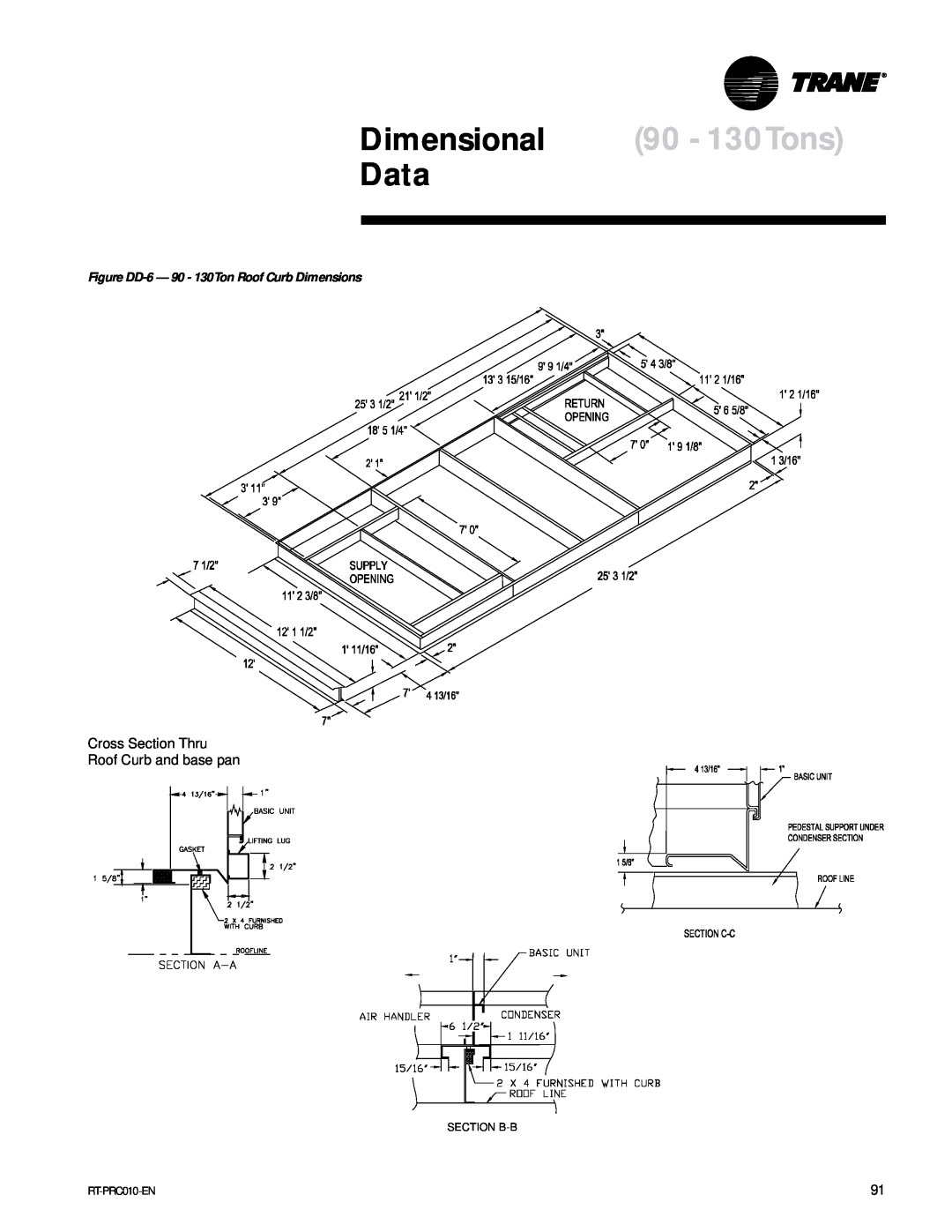 Trane RT-PRC010-EN manual Dimensional 90 - 130Tons, Data, Cross Section Thru Roof Curb and base pan 