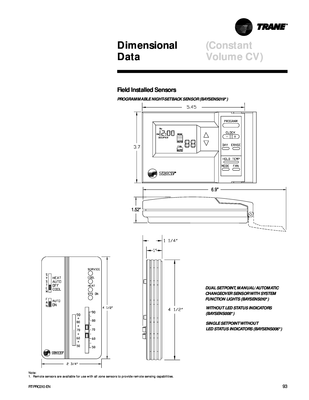 Trane RT-PRC010-EN manual Constant, Volume CV, Dimensional, Data, Field Installed Sensors 