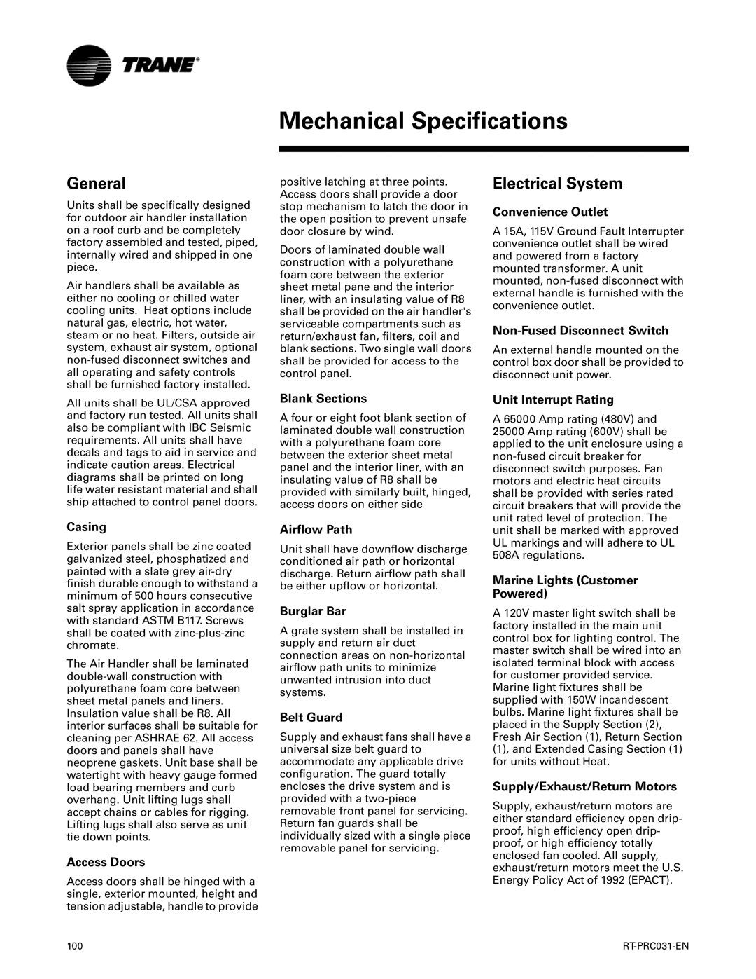 Trane RT-PRC031-EN manual Mechanical Specifications, General, Electrical System 