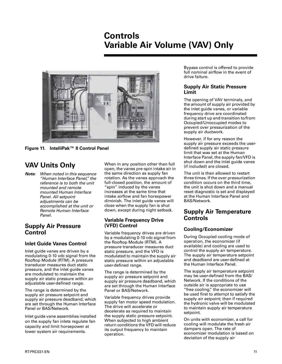 Trane RT-PRC031-EN Controls Variable Air Volume VAV Only, Supply Air Temperature Controls Supply Air Pressure Control 