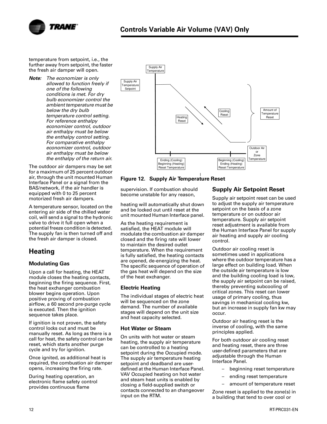 Trane RT-PRC031-EN manual Controls Variable Air Volume VAV Only, Heating, Supply Air Setpoint Reset 