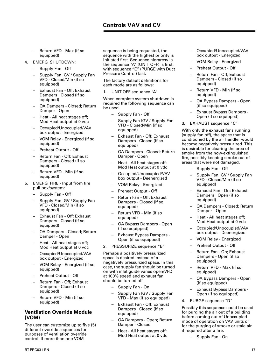 Trane RT-PRC031-EN manual Controls VAV and CV, Ventilation Override Module VOM 