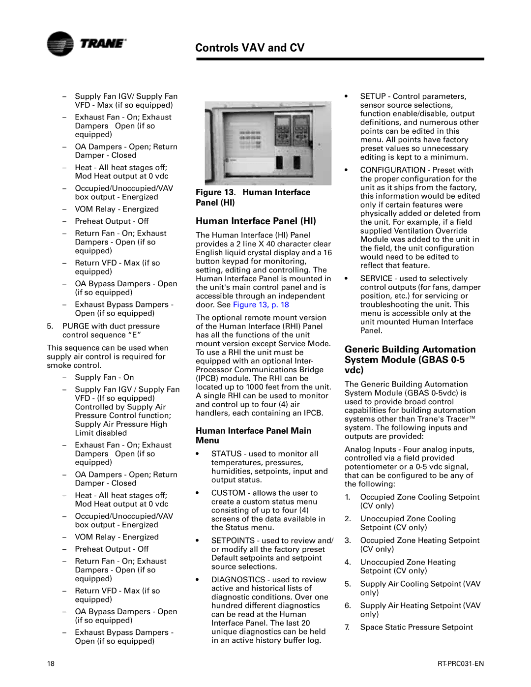 Trane RT-PRC031-EN manual Human Interface Panel HI, Generic Building Automation System Module Gbas 0-5 vdc 