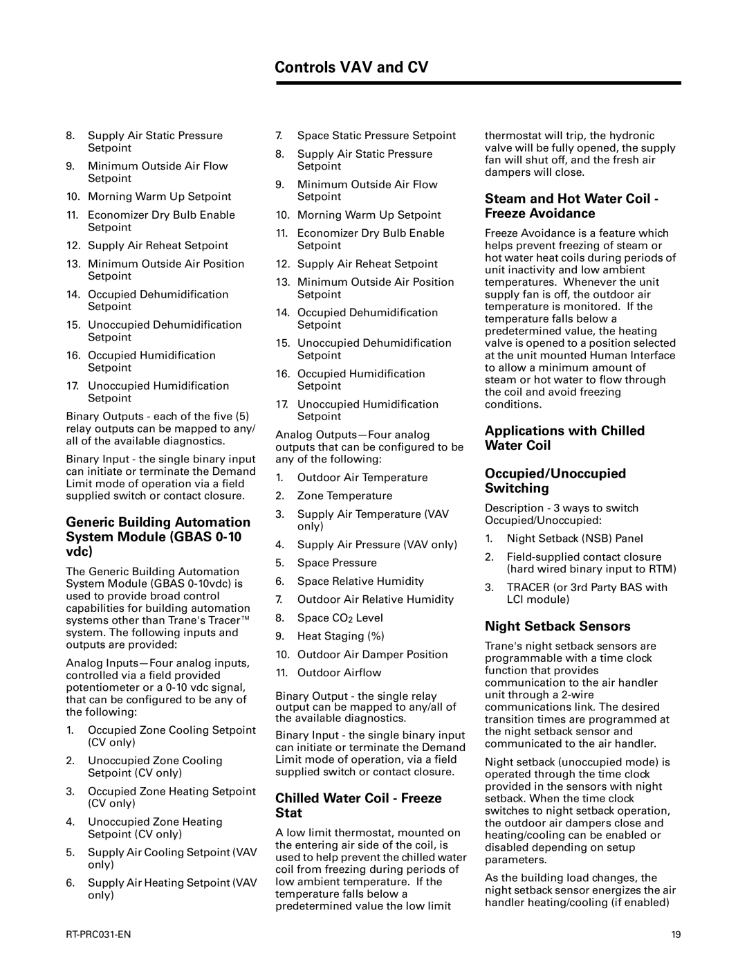 Trane RT-PRC031-EN manual Generic Building Automation System Module Gbas 0-10 vdc, Chilled Water Coil Freeze Stat 