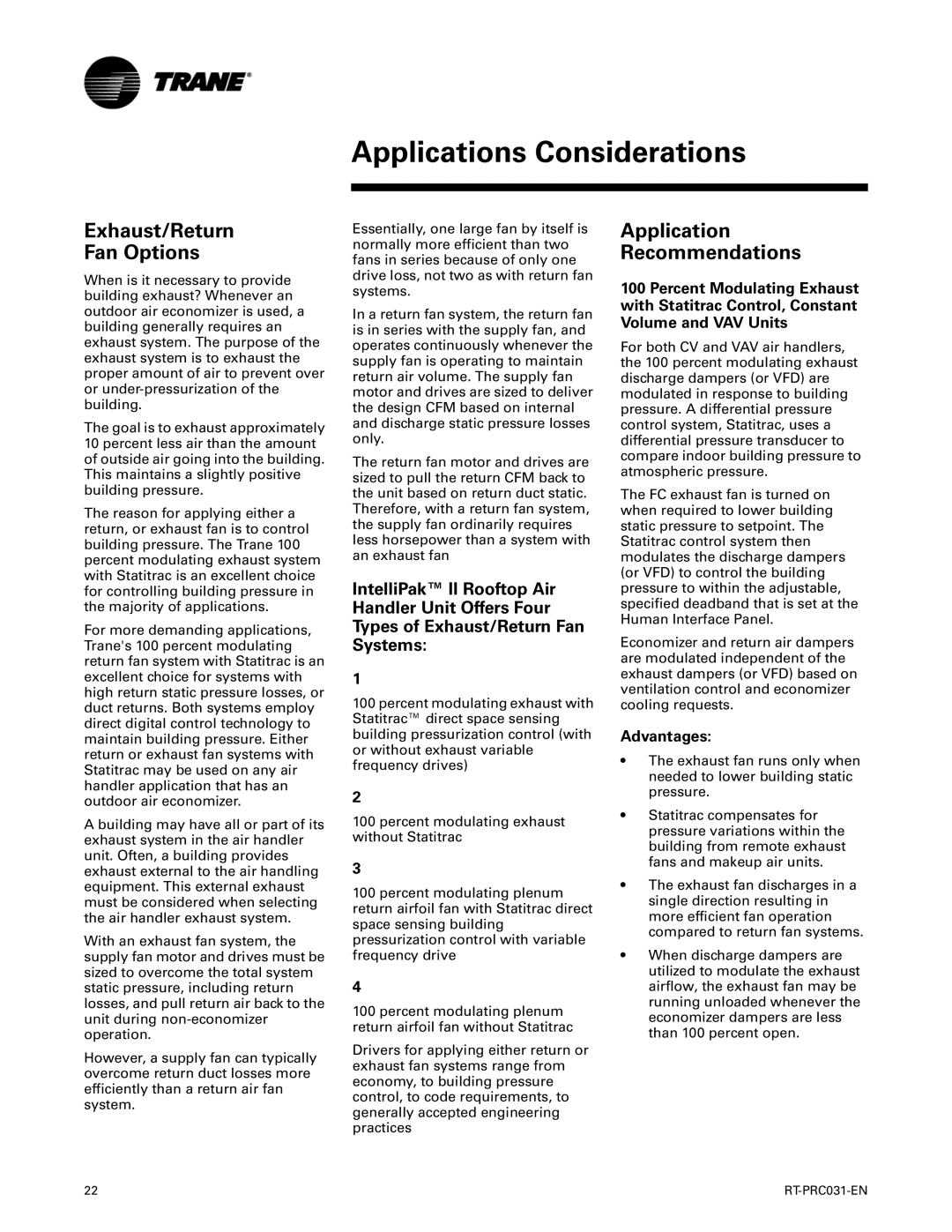 Trane RT-PRC031-EN manual Applications Considerations, Exhaust/Return Fan Options, Application Recommendations, Advantages 