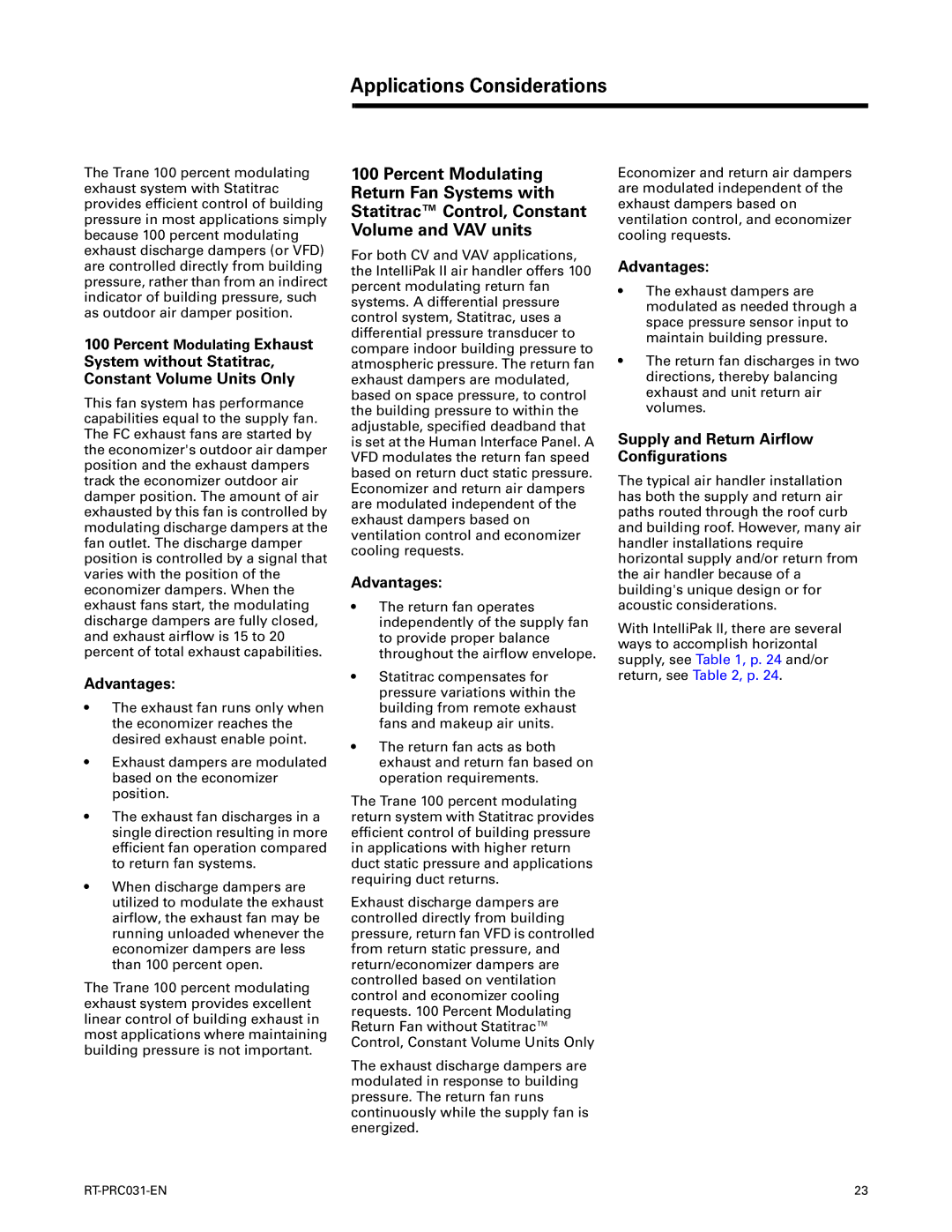 Trane RT-PRC031-EN manual Applications Considerations, Supply and Return Airflow Configurations 