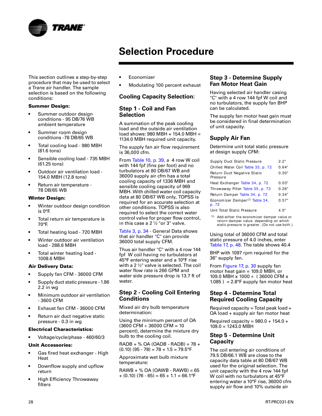 Trane RT-PRC031-EN manual Selection Procedure 