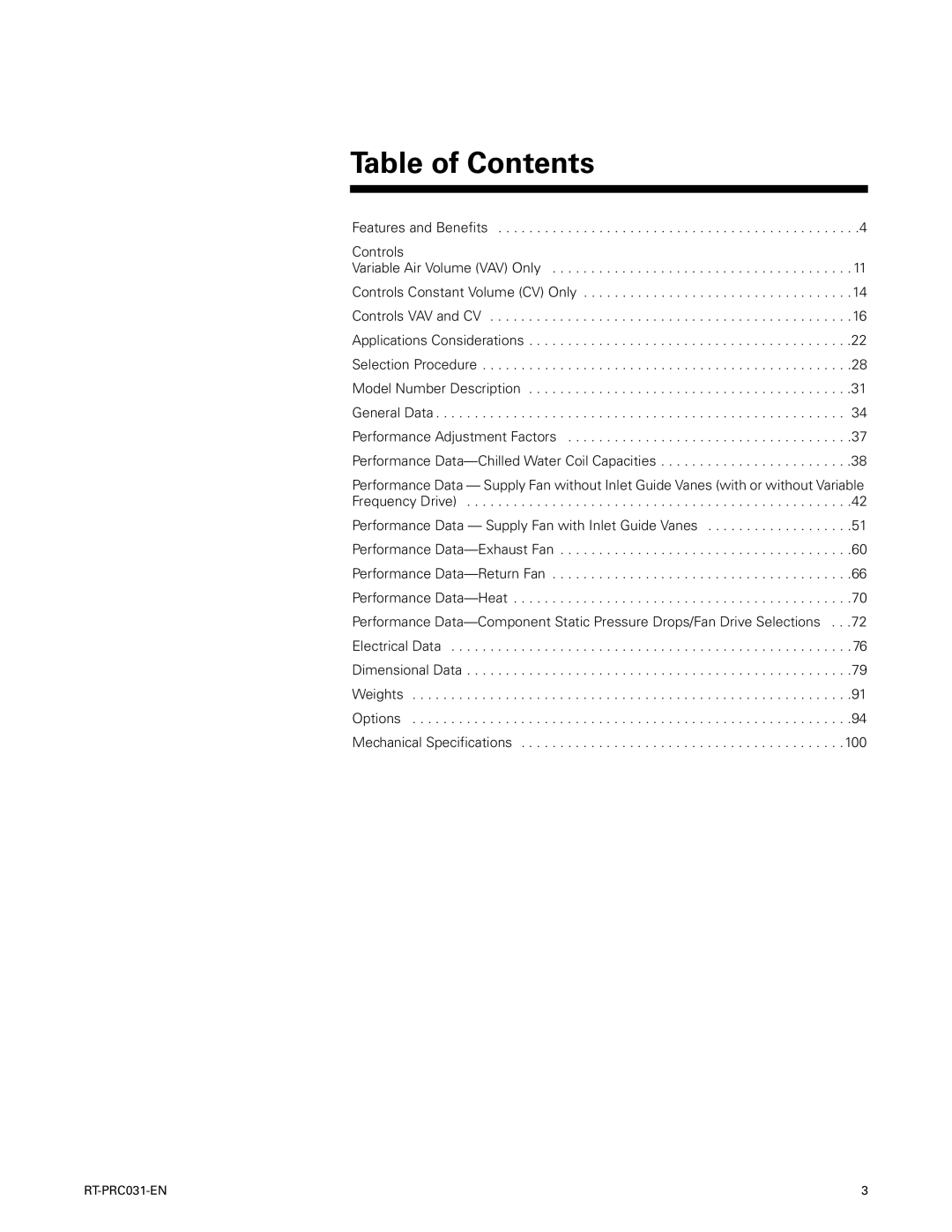 Trane RT-PRC031-EN manual Table of Contents 