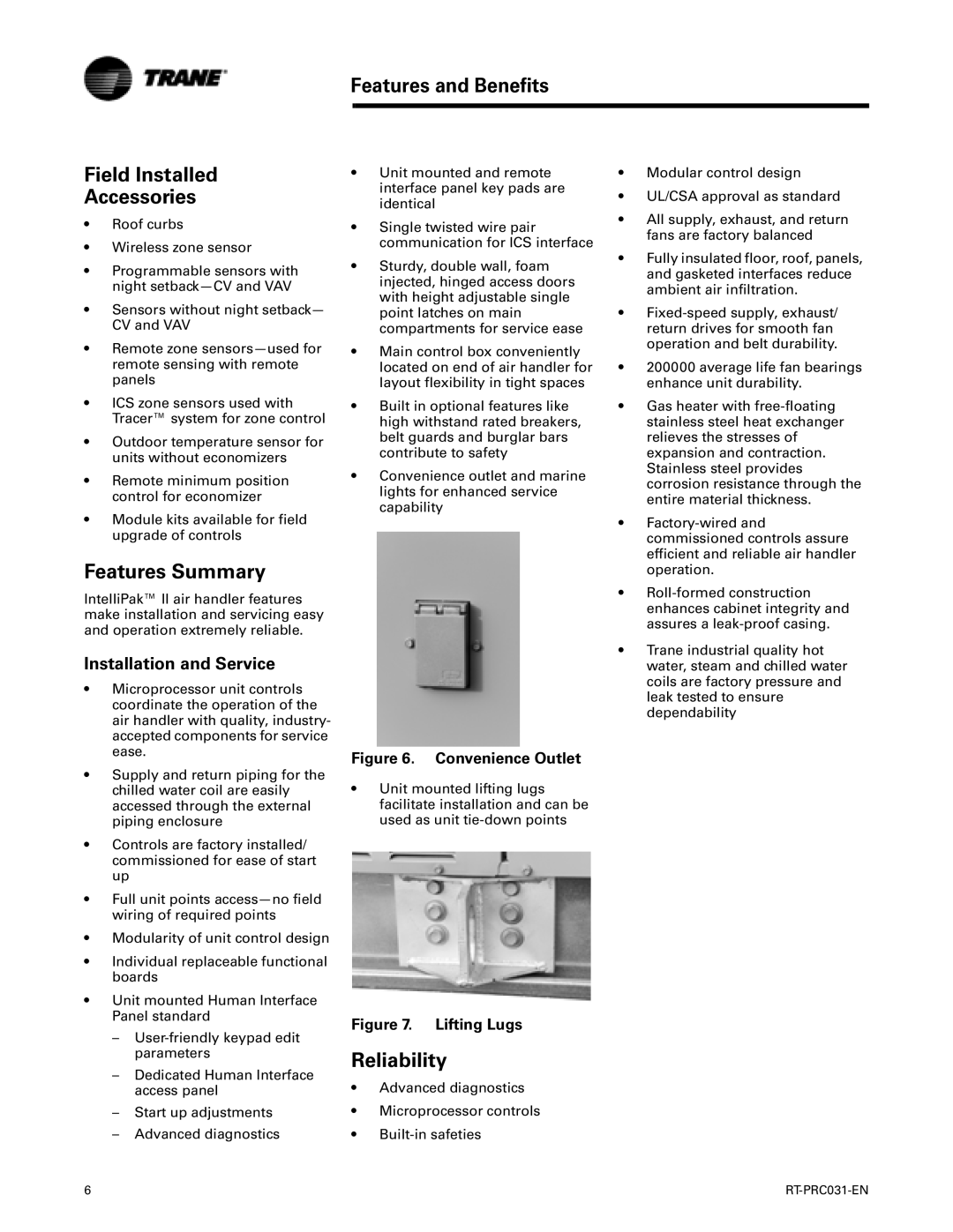 Trane RT-PRC031-EN manual Features and Benefits Field Installed Accessories, Features Summary, Reliability 