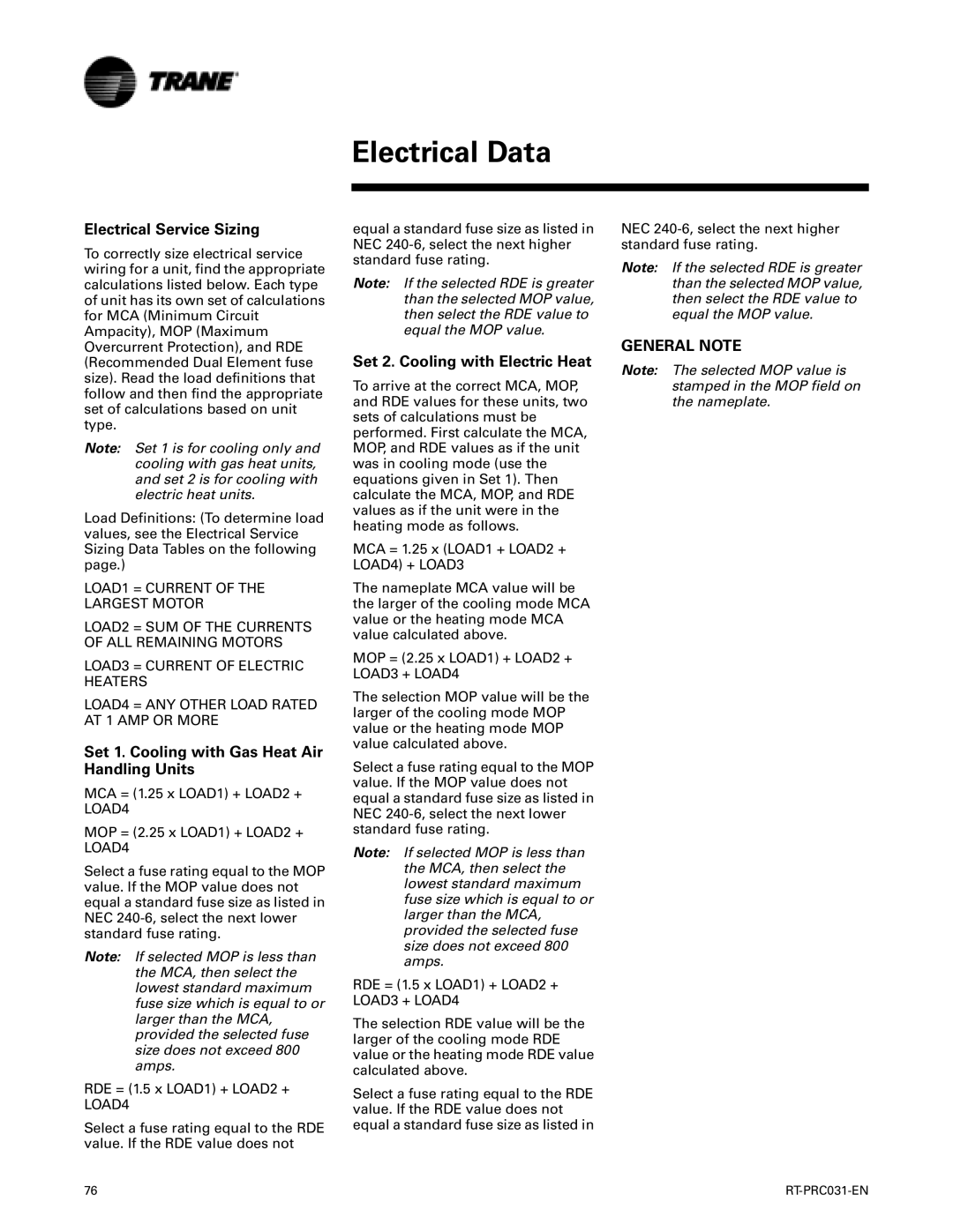 Trane RT-PRC031-EN manual Electrical Data, Electrical Service Sizing, Set 1. Cooling with Gas Heat Air Handling Units 