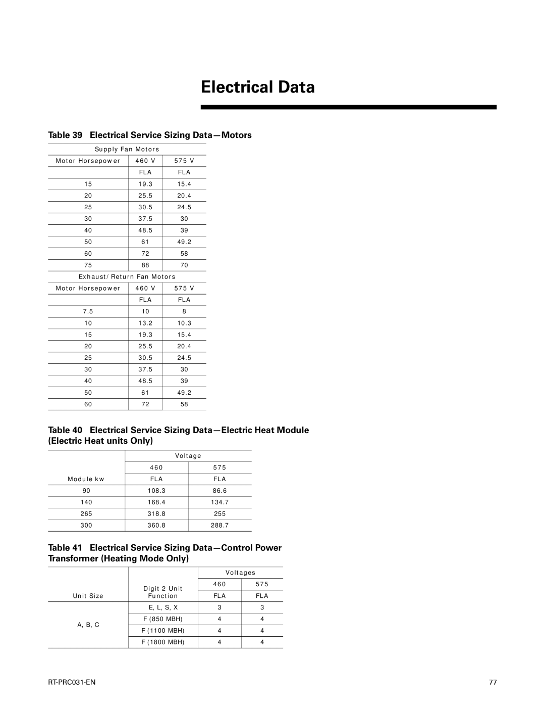 Trane RT-PRC031-EN manual Electrical Service Sizing Data-Motors 