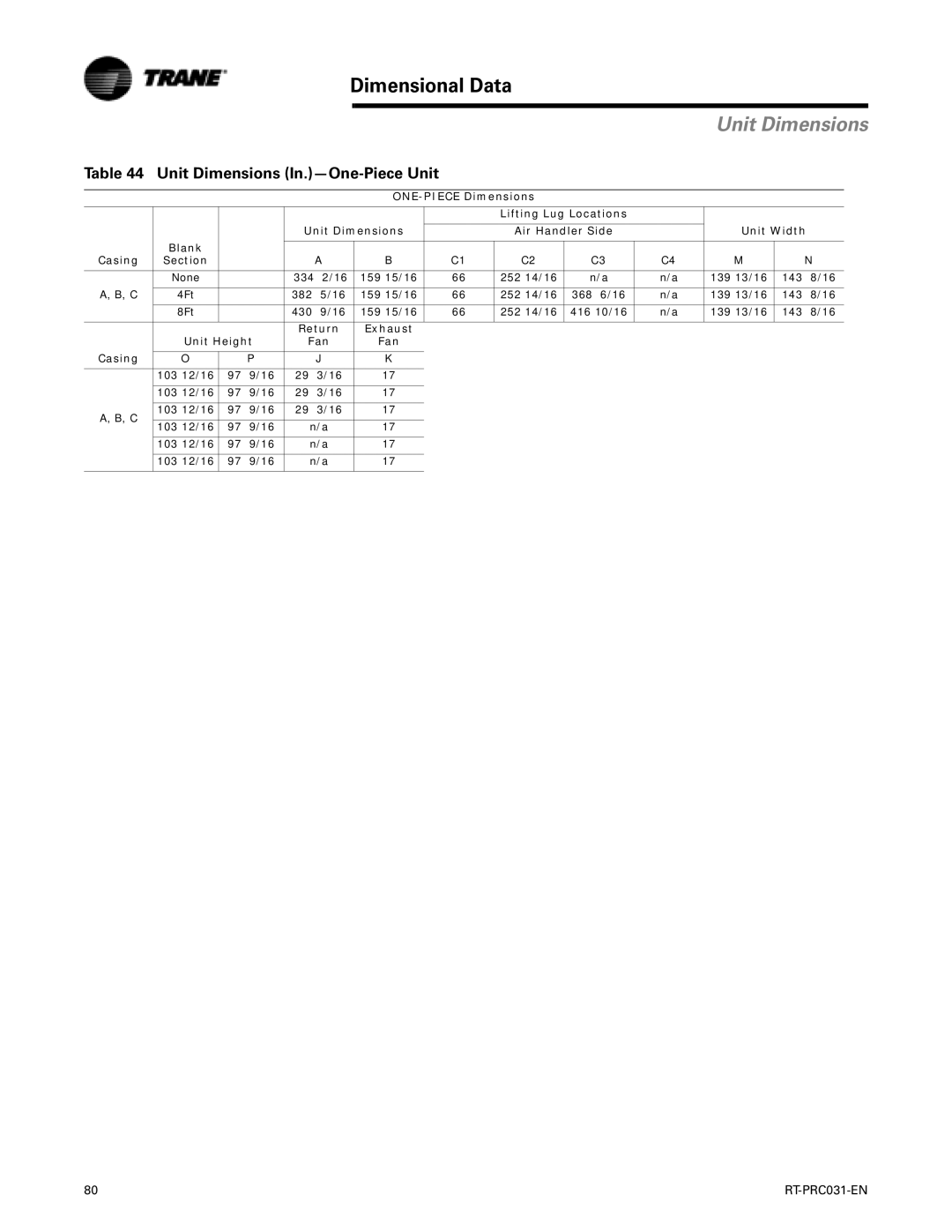 Trane RT-PRC031-EN manual Dimensional Data, Unit Dimensions In.-One-Piece Unit, Return Exhaust Unit Height Fan Casing 