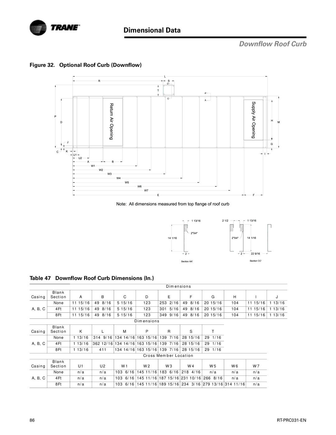 Trane RT-PRC031-EN manual Dimensions Blank Casing Section, Cross Member Location Blank Casing Section 