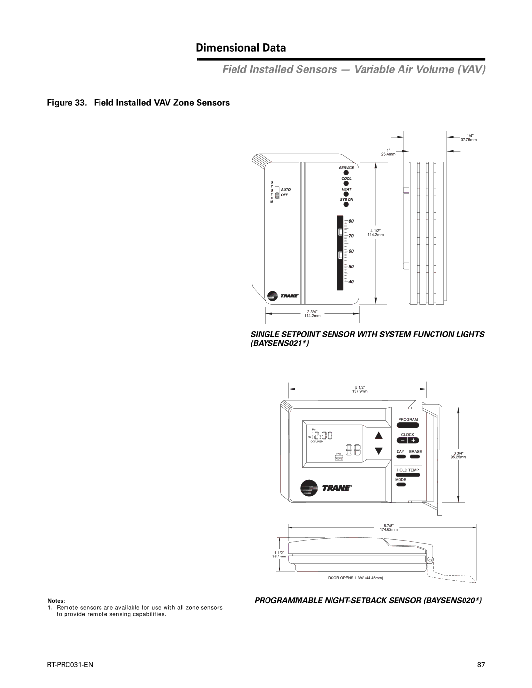 Trane RT-PRC031-EN manual Field Installed Sensors Variable Air Volume VAV 