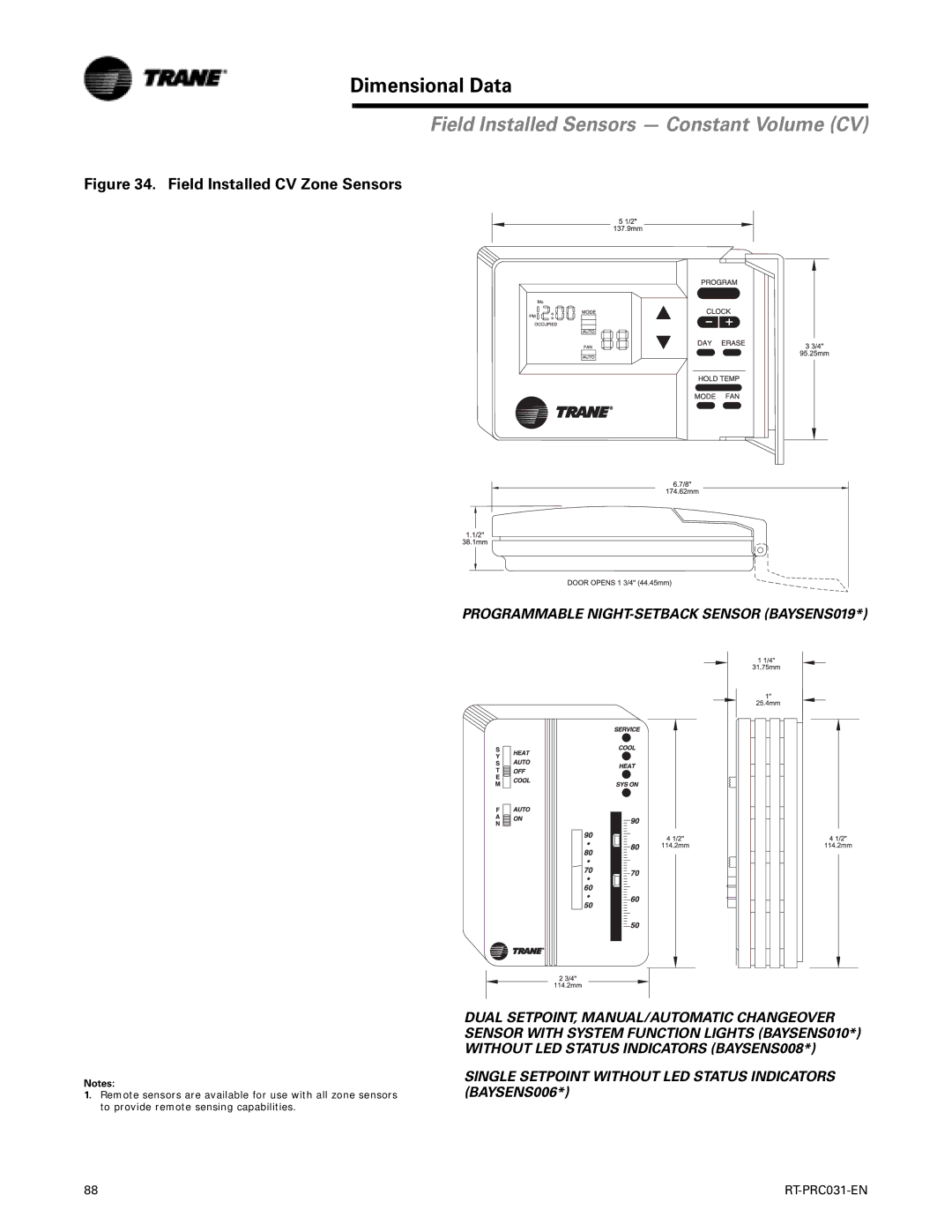 Trane RT-PRC031-EN manual Field Installed Sensors Constant Volume CV 