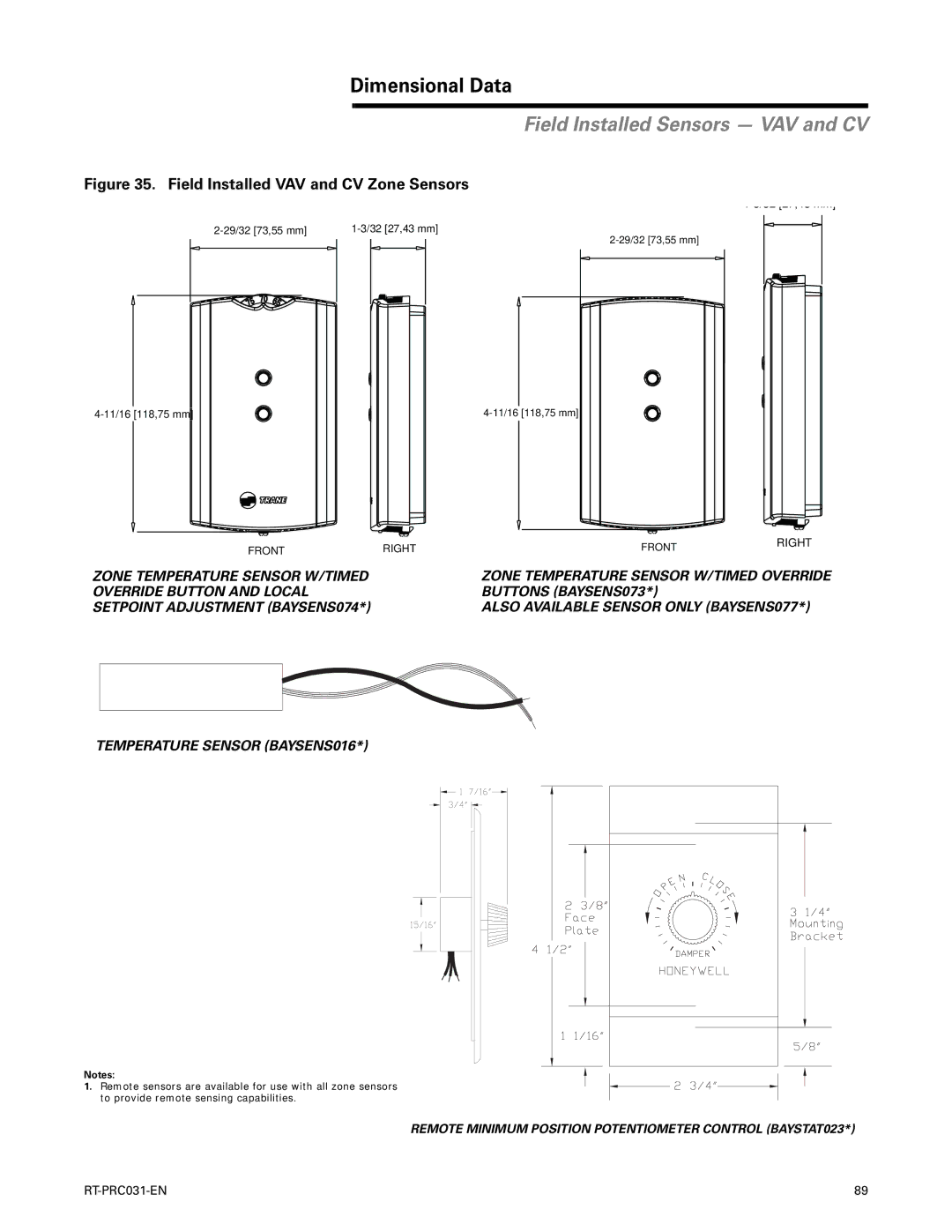 Trane RT-PRC031-EN manual Field Installed Sensors VAV and CV 