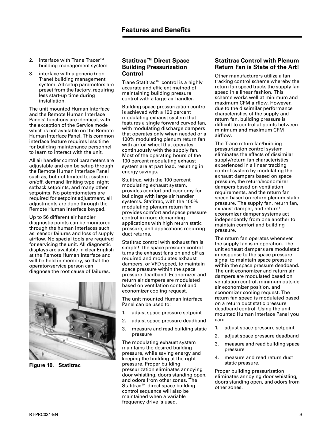 Trane RT-PRC031-EN manual Statitrac Direct Space Building Pressurization Control 