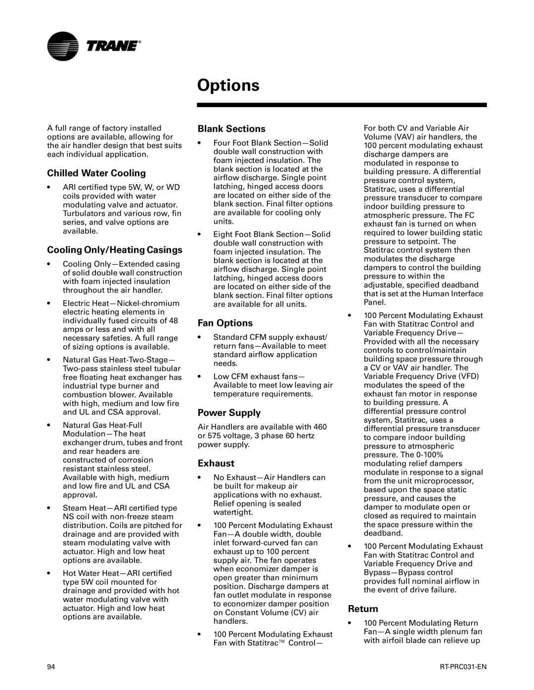 Trane RT-PRC031-EN manual Options 