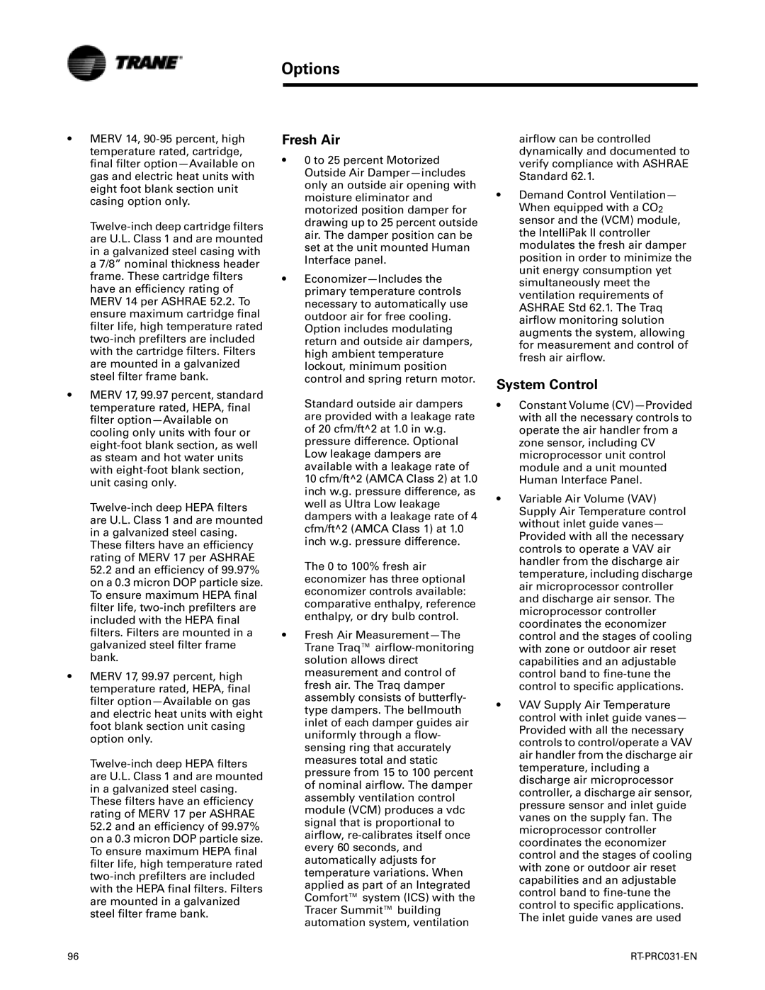 Trane RT-PRC031-EN manual Fresh Air, System Control 