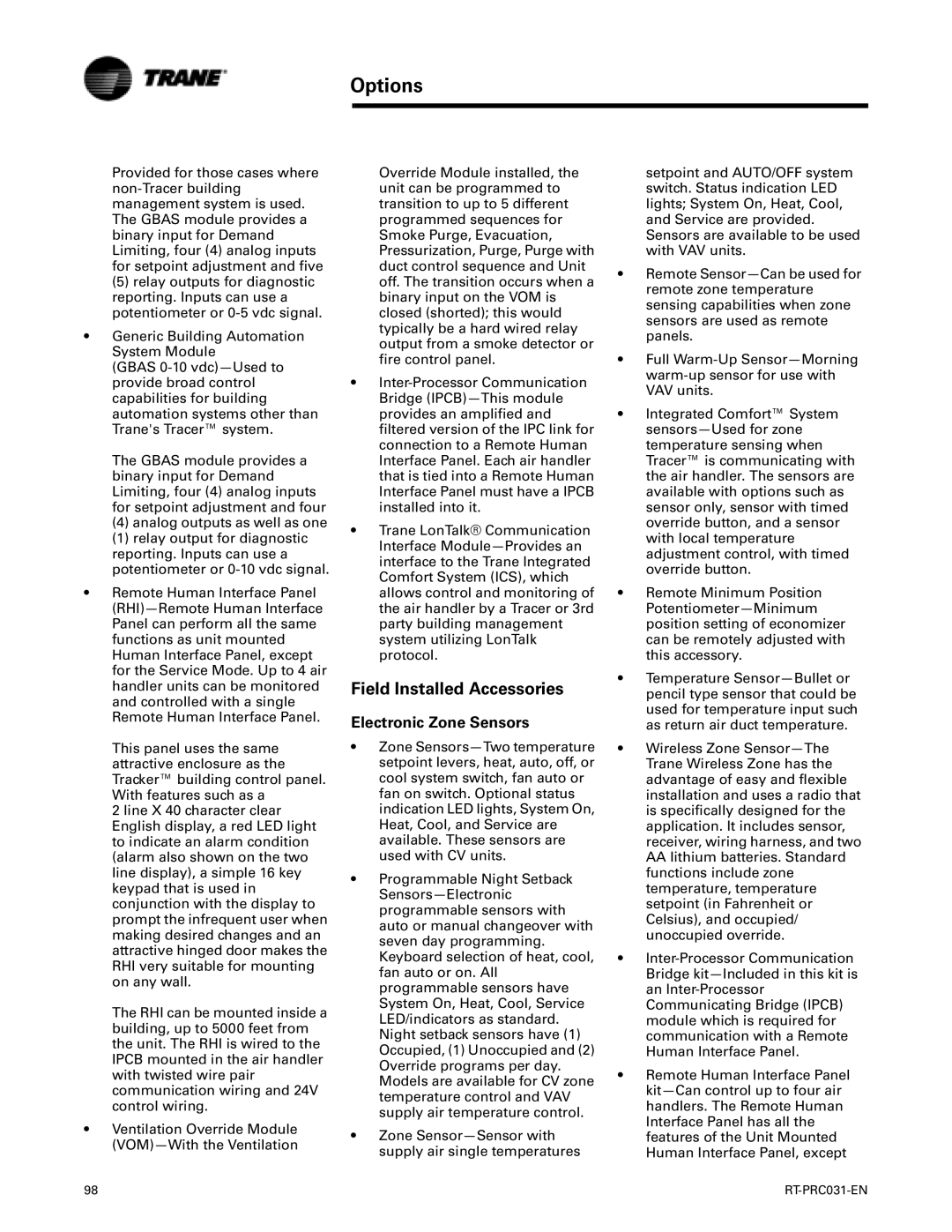 Trane RT-PRC031-EN manual Field Installed Accessories, Electronic Zone Sensors 