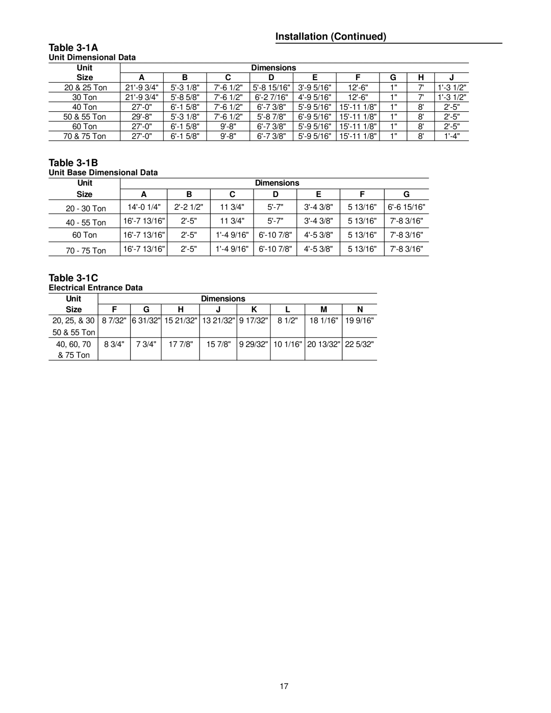 Trane RT-SVX10C-EN Installation, Unit Dimensional Data Dimensions Size, Unit Base Dimensional Data Dimensions 