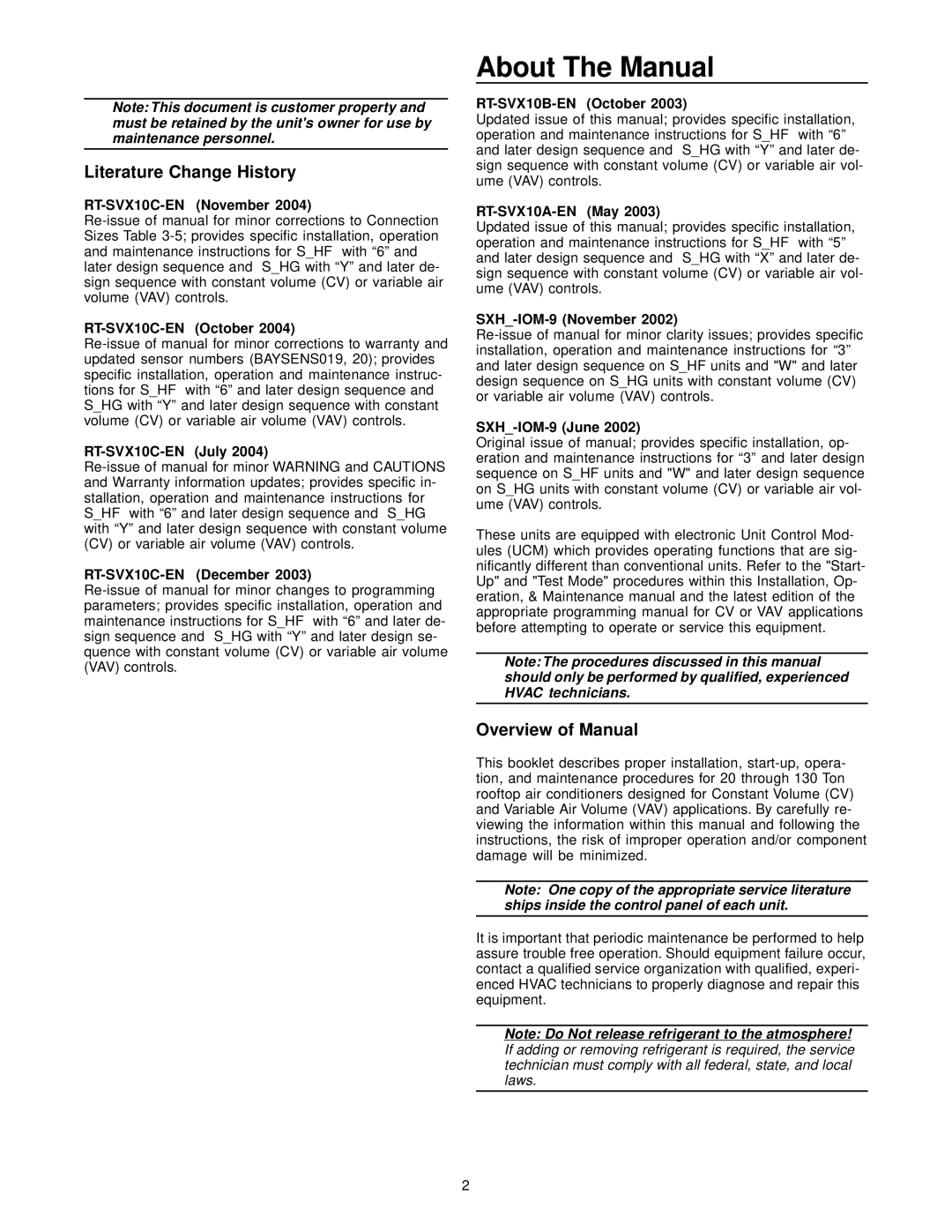 Trane RT-SVX10C-EN specifications Literature Change History, Overview of Manual 