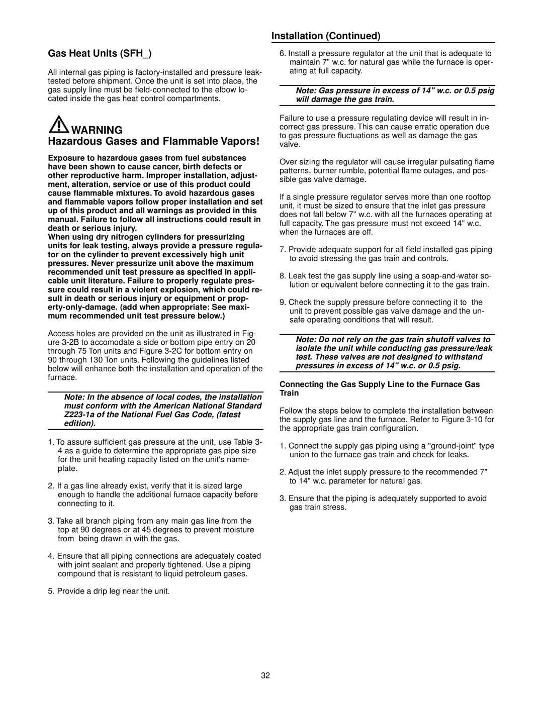 Trane RT-SVX10C-EN specifications Hazardous Gases and Flammable Vapors, Gas Heat Units SFH 