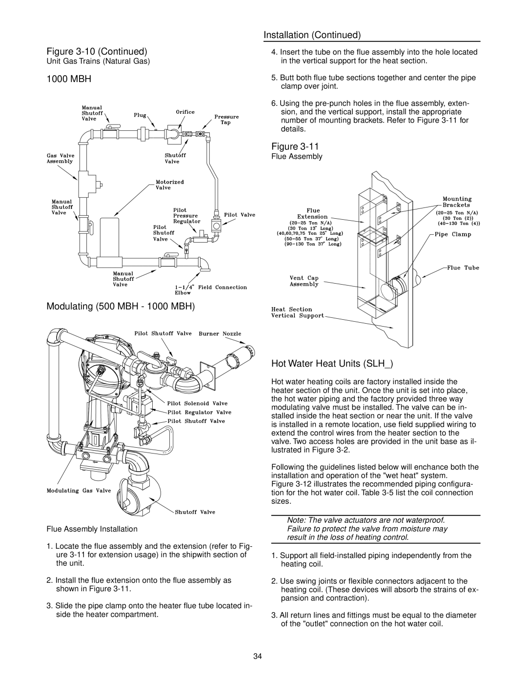 Trane RT-SVX10C-EN specifications MBH Modulating 500 MBH 1000 MBH, Hot Water Heat Units SLH, Flue Assembly Installation 