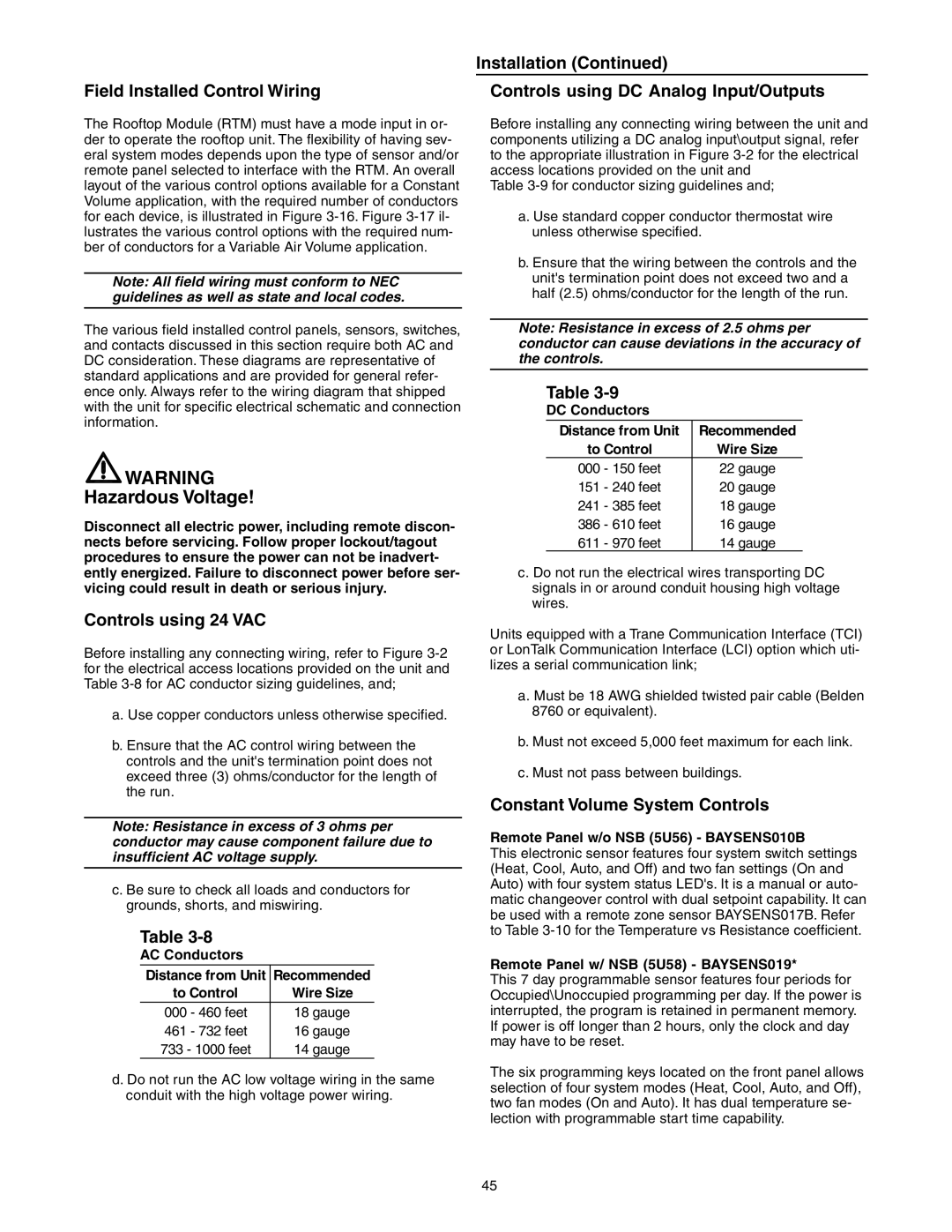 Trane RT-SVX10C-EN specifications Controls using 24 VAC, Installation Controls using DC Analog Input/Outputs 