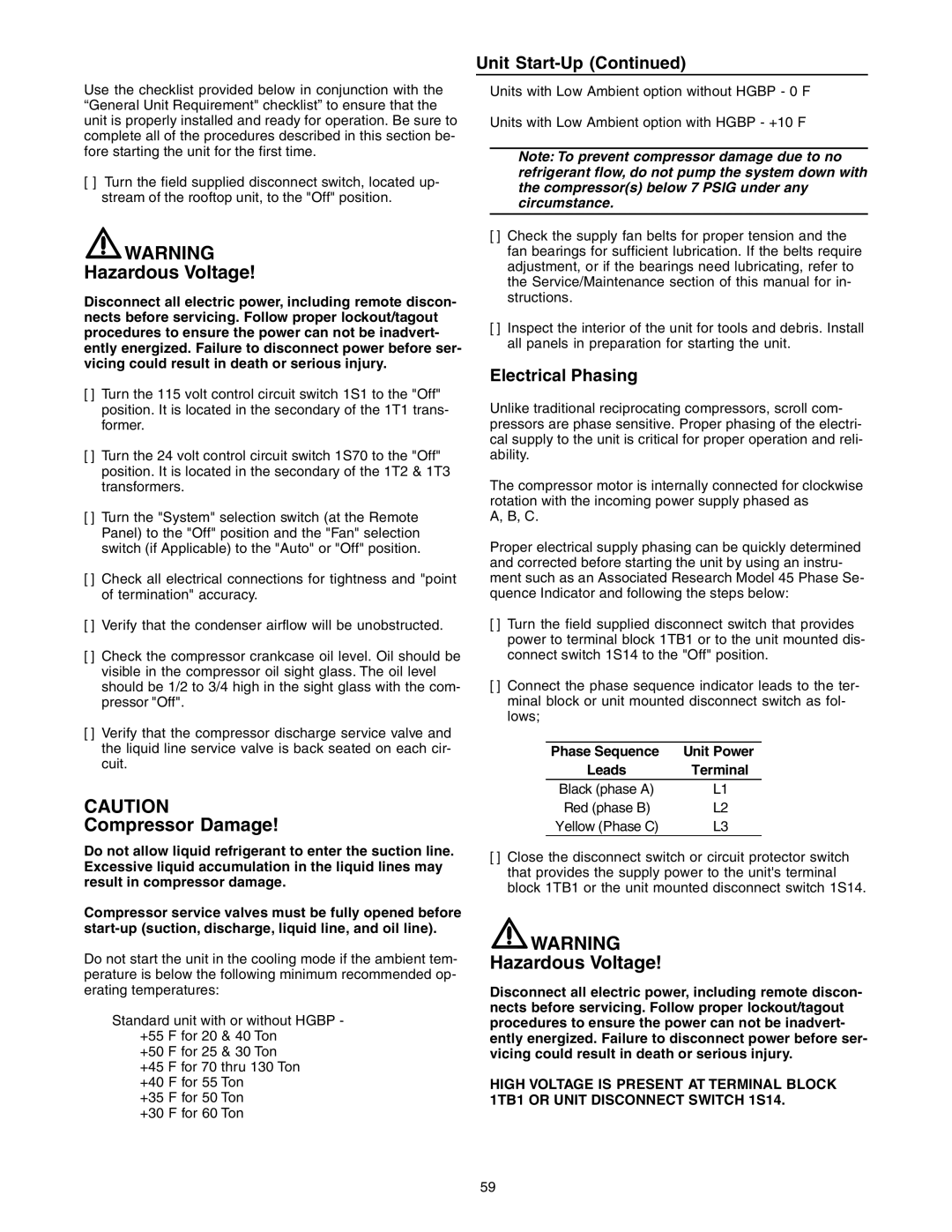 Trane RT-SVX10C-EN specifications Compressor Damage, Electrical Phasing, Unit Power 