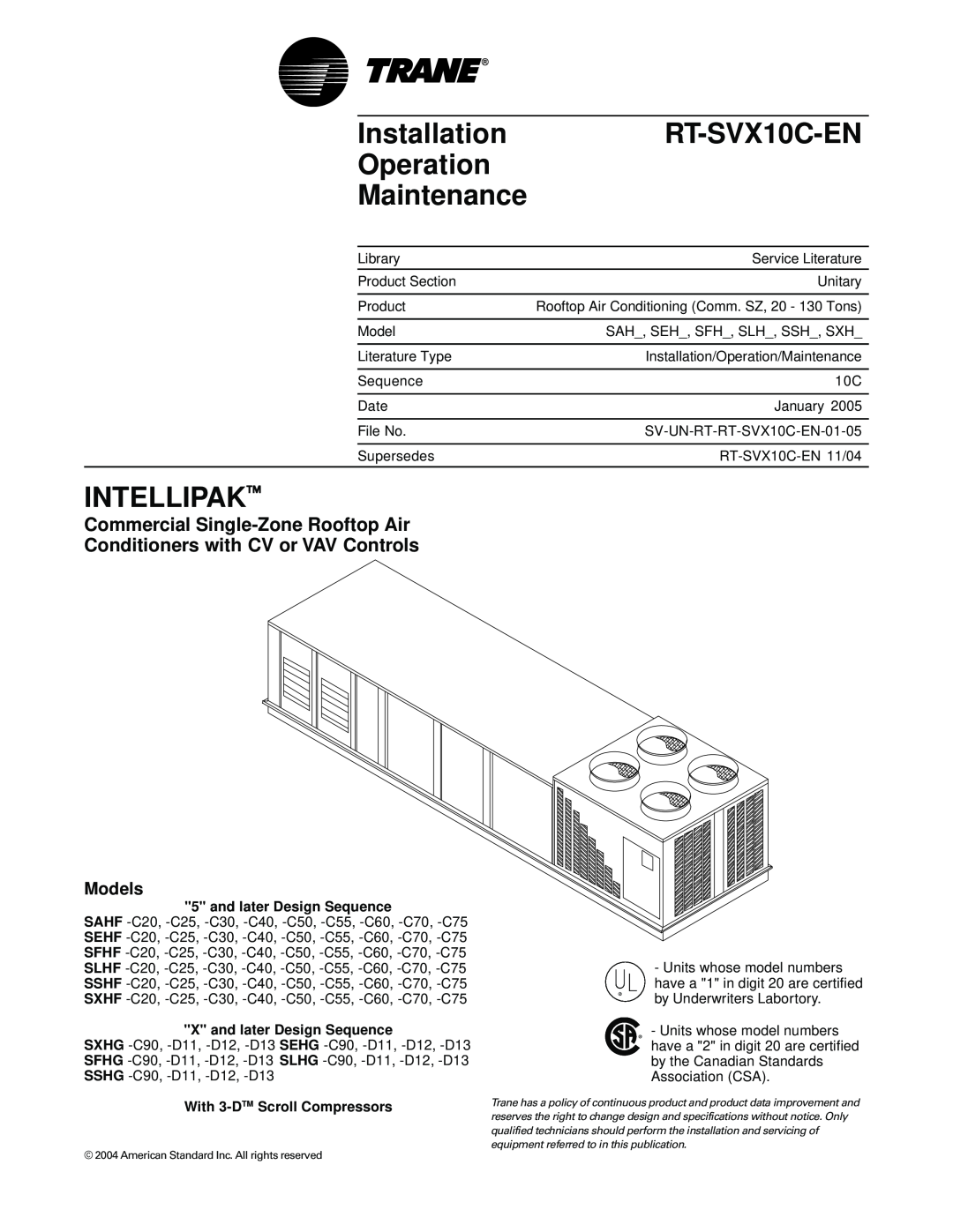 Trane RT-SVX10C-EN specifications Installation, Operation, Maintenance, Intellipak, Commercial Single-ZoneRooftop Air 