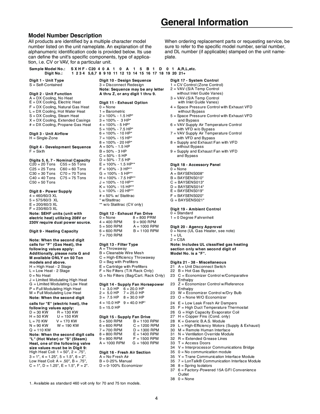 Trane RT-SVX10C-EN specifications General Information, Model Number Description 
