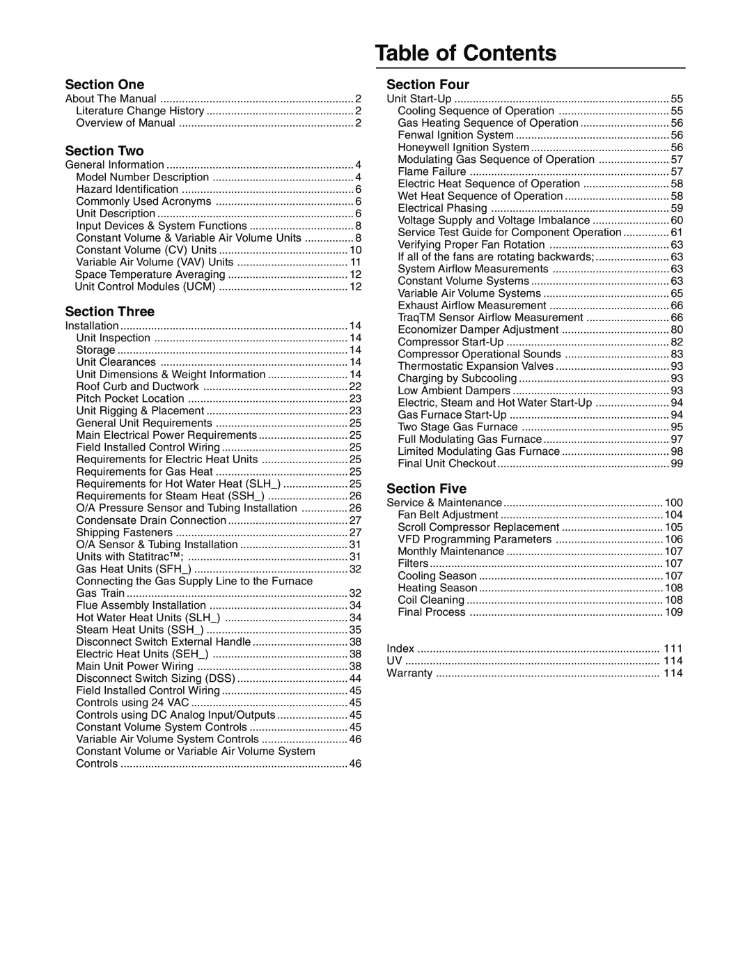 Trane RT-SVX10C-EN specifications Table of Contents, Section One, Section Two, Section Three, Section Four, Section Five 