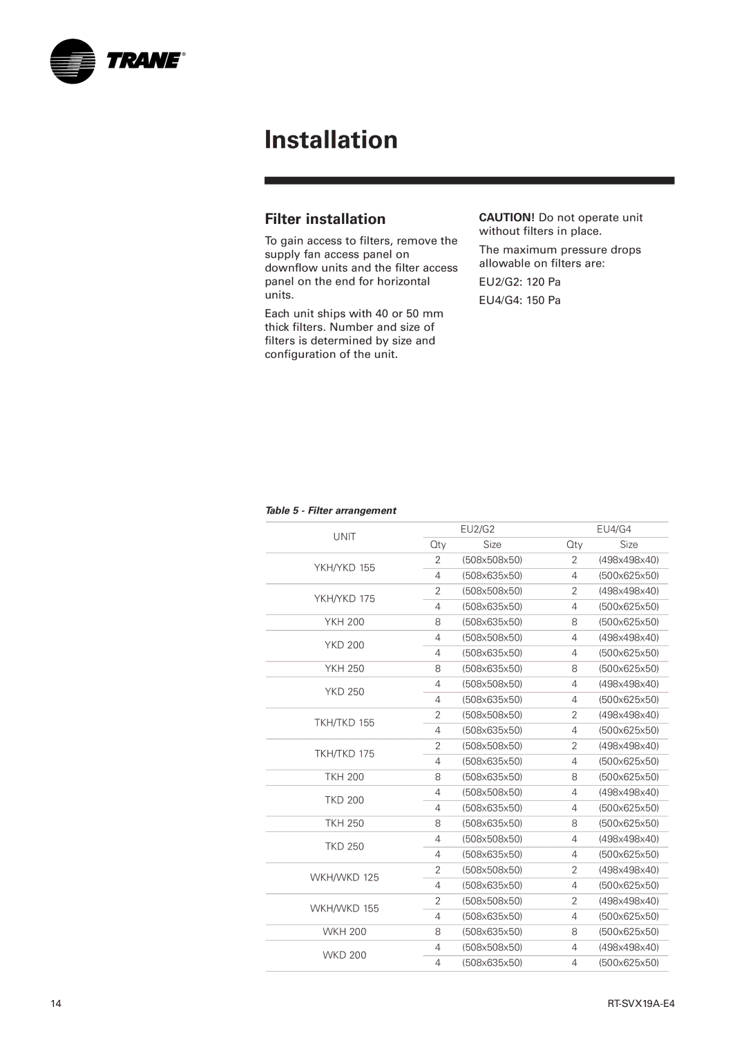 Trane RT-SVX19A-E4 manual Filter installation, Filter arrangement 