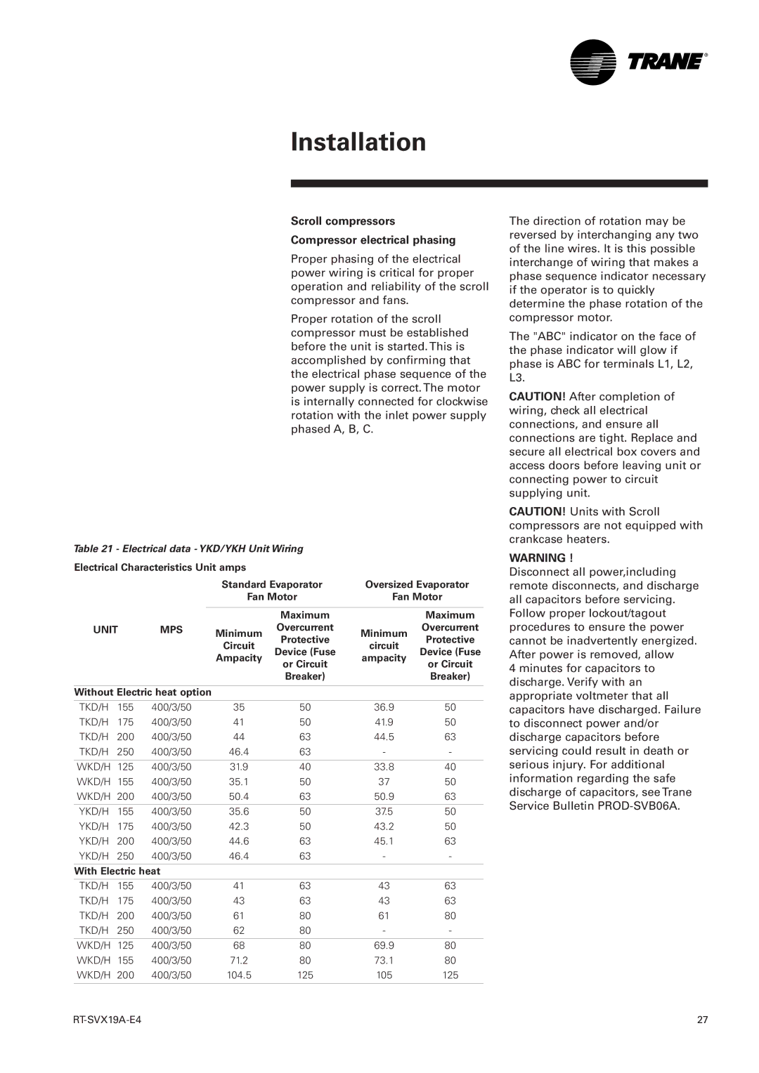 Trane RT-SVX19A-E4 manual Scroll compressors Compressor electrical phasing, Electrical data YKD/YKH Unit Wiring 