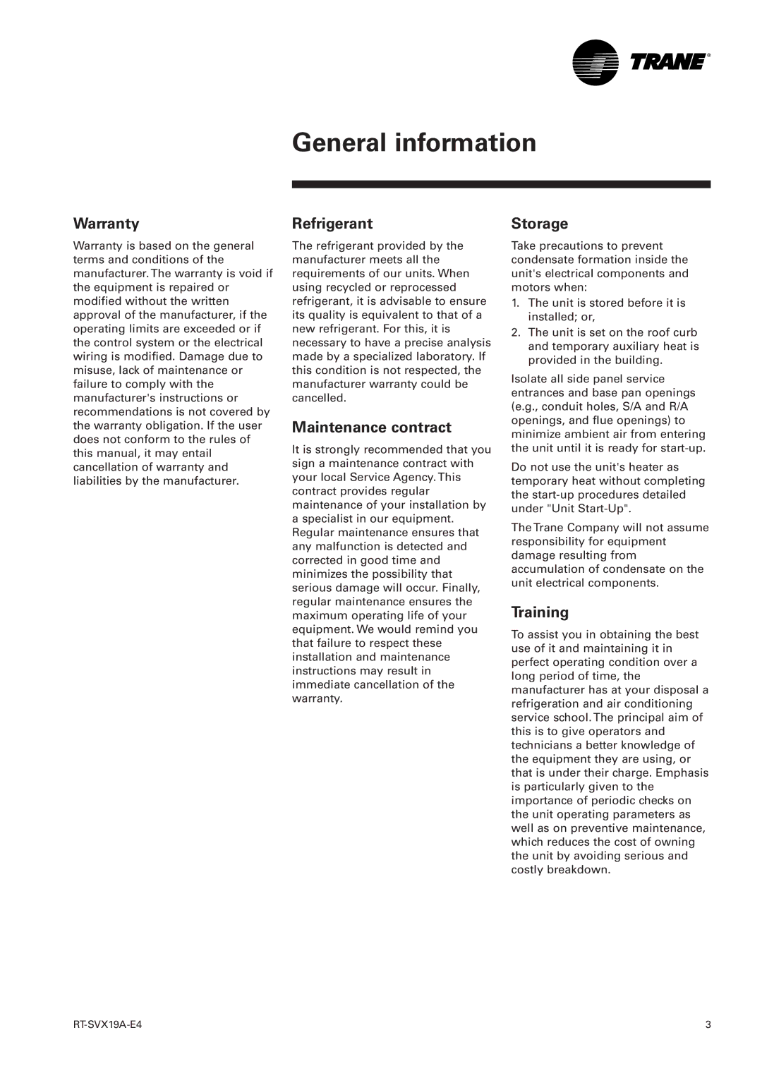 Trane RT-SVX19A-E4 manual Warranty, Refrigerant, Maintenance contract, Storage, Training 