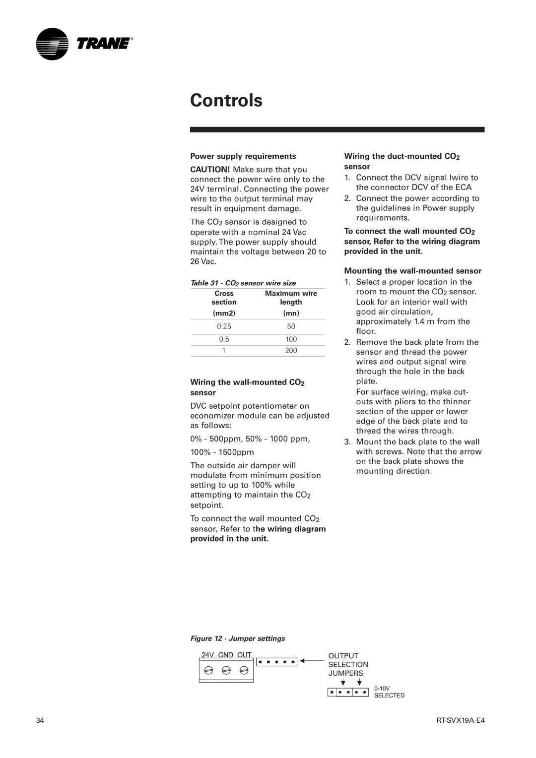 Trane RT-SVX19A-E4 manual Power supply requirements, Wiring the wall-mounted CO2 sensor, Wiring the duct-mounted CO2 sensor 