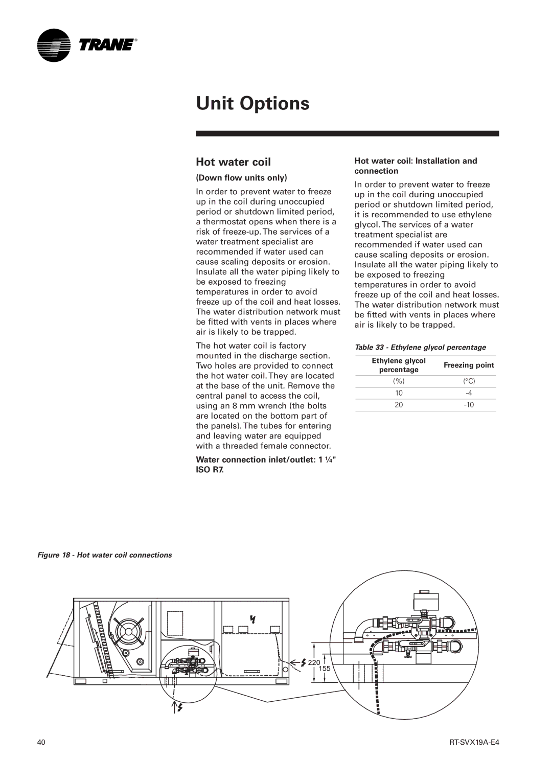 Trane RT-SVX19A-E4 manual Down flow units only, Hot water coil Installation and connection, Ethylene glycol percentage 