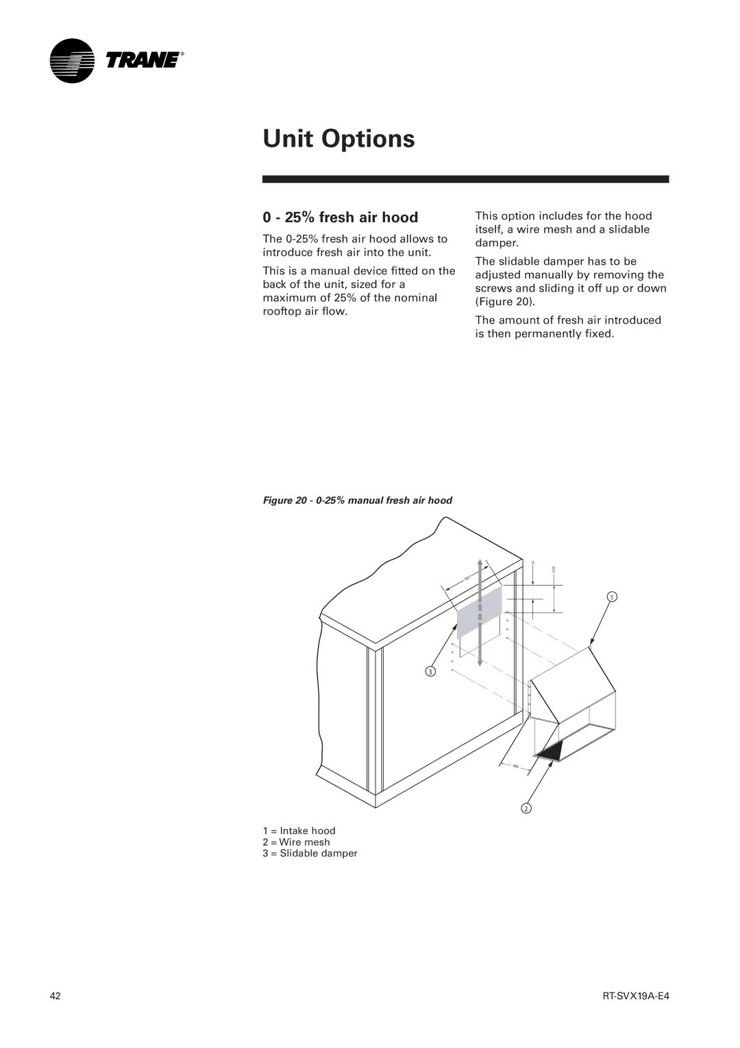 Trane RT-SVX19A-E4 25% fresh air hood, 25% manual fresh air hood 