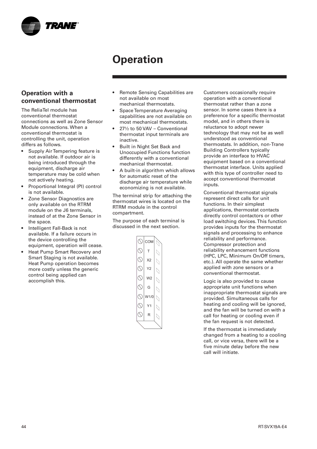 Trane RT-SVX19A-E4 manual Operation with a conventional thermostat 