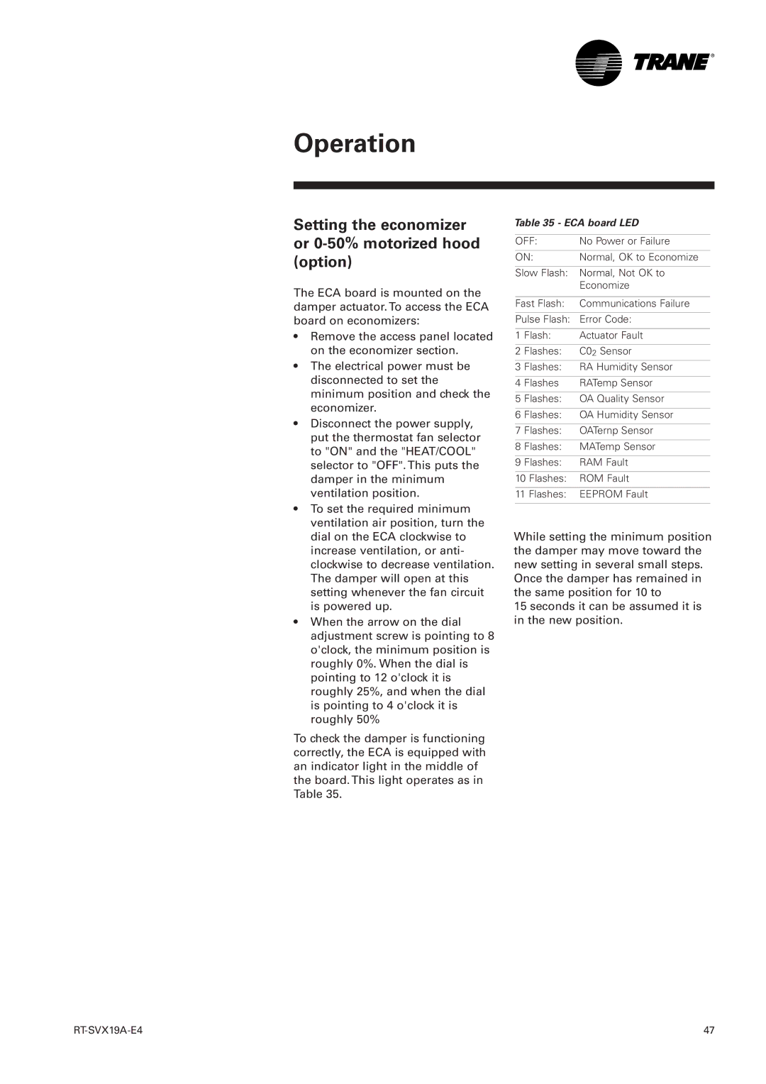 Trane RT-SVX19A-E4 manual Setting the economizer or 0-50% motorized hood option, ECA board LED 