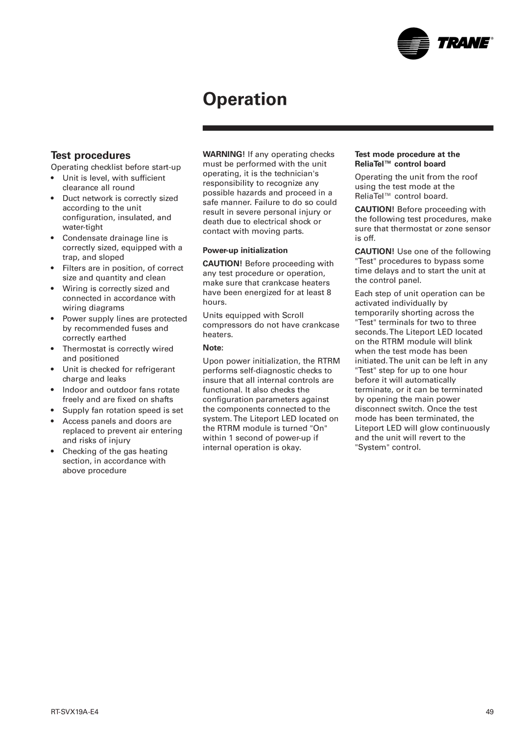 Trane RT-SVX19A-E4 manual Test procedures, Power-up initialization, Test mode procedure at the ReliaTel control board 