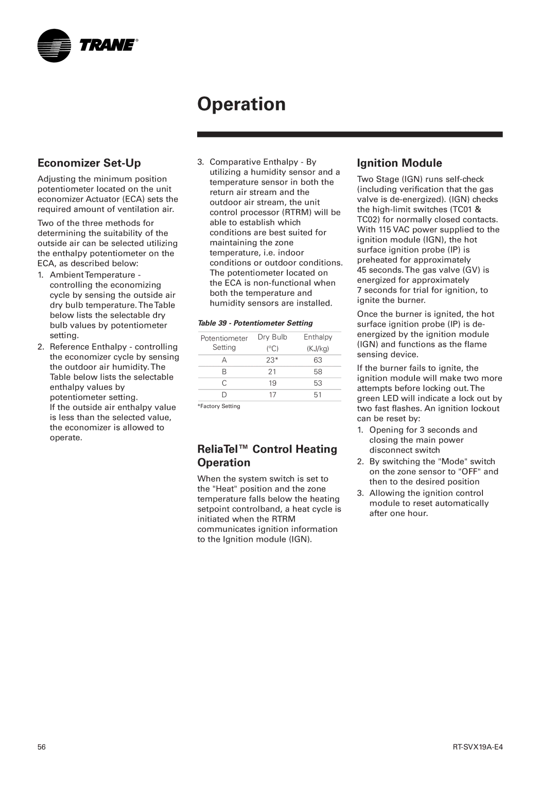 Trane RT-SVX19A-E4 manual Economizer Set-Up, ReliaTel Control Heating Operation, Ignition Module, Potentiometer Setting 