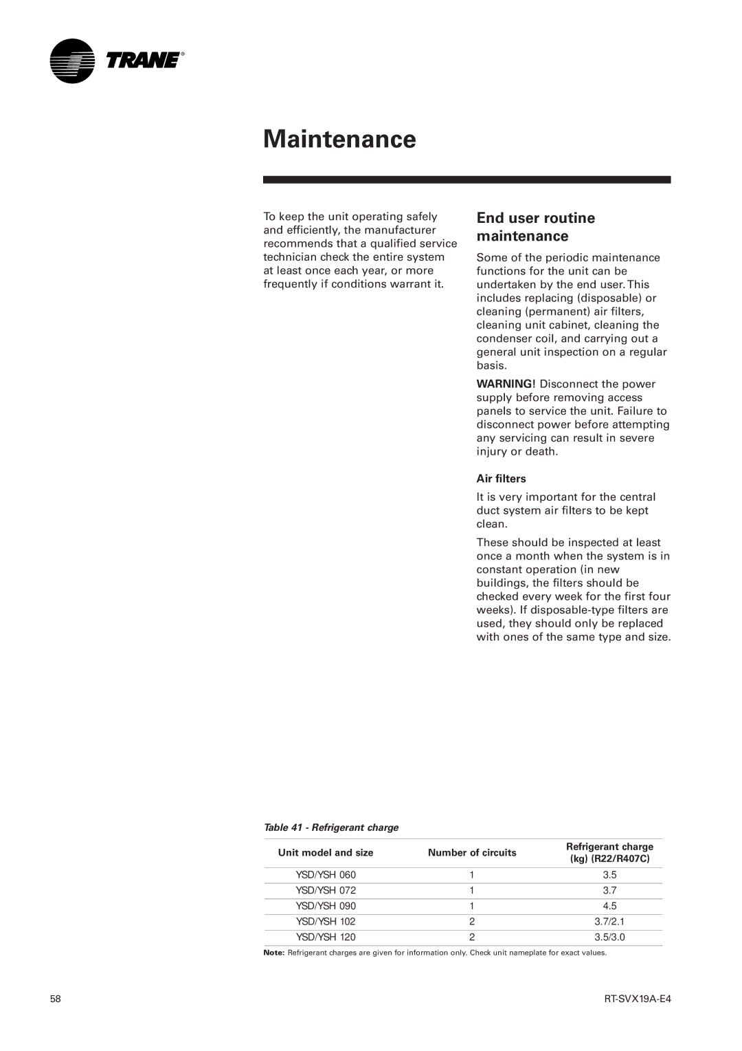 Trane RT-SVX19A-E4 manual End user routine maintenance, Air filters, Refrigerant charge 