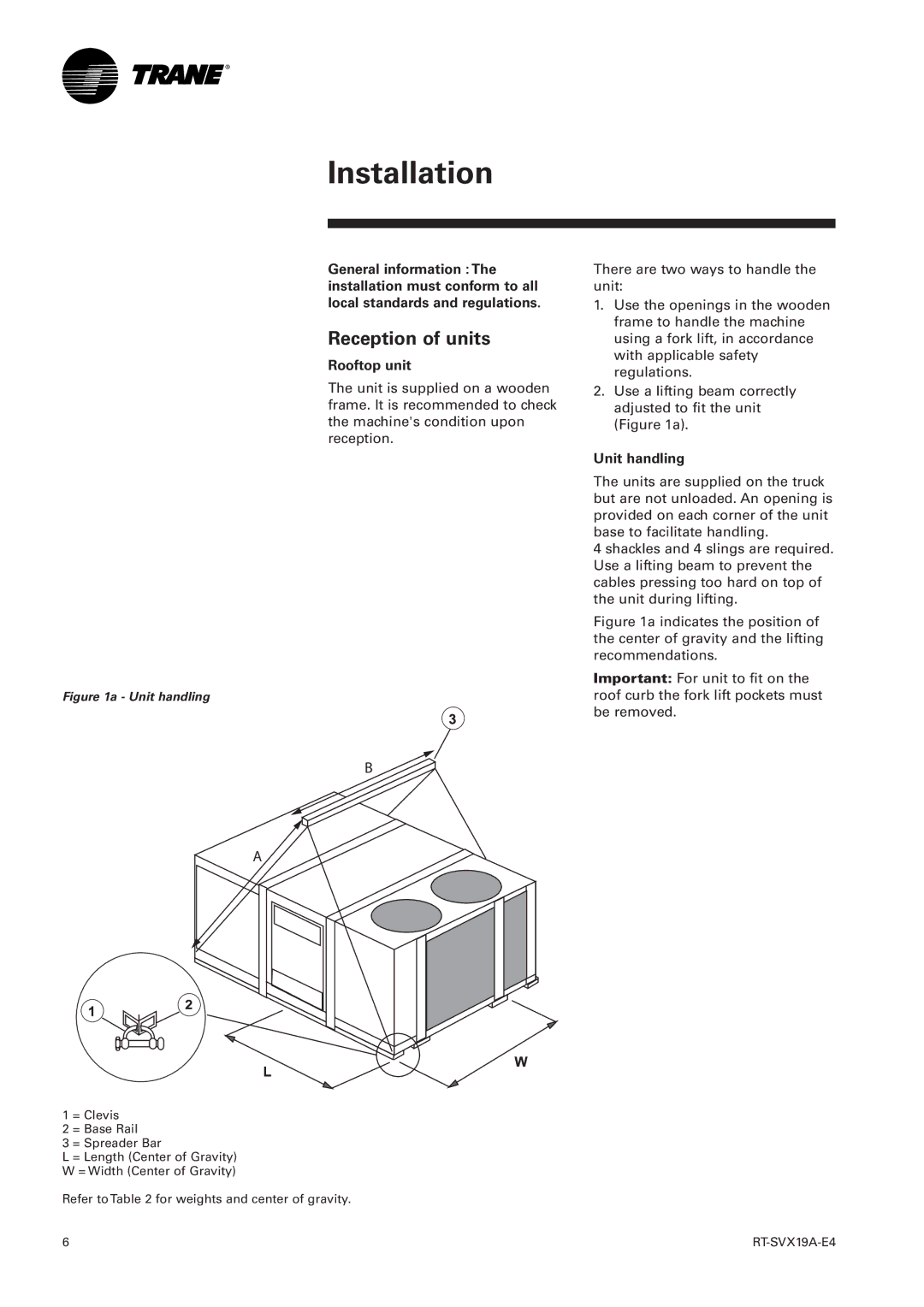 Trane RT-SVX19A-E4 manual Reception of units, Rooftop unit, Unit handling 