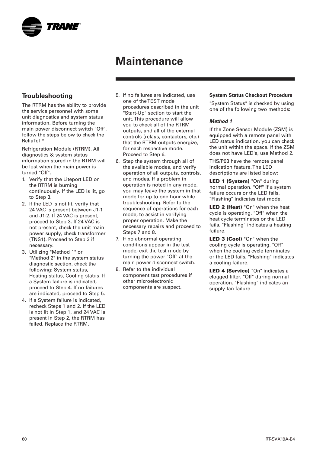 Trane RT-SVX19A-E4 manual Troubleshooting, System Status Checkout Procedure 