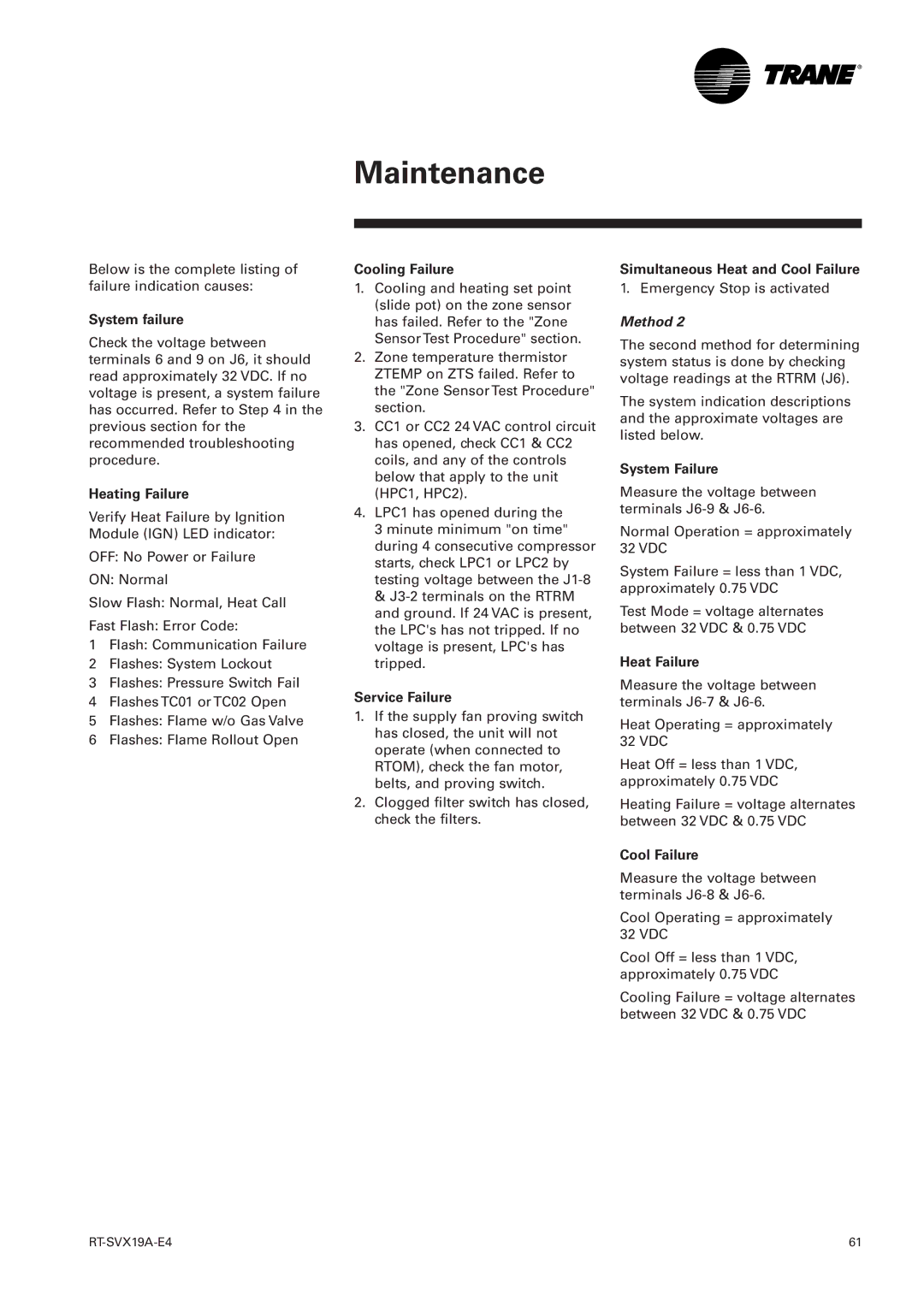 Trane RT-SVX19A-E4 System failure, Heating Failure, Cooling Failure, Service Failure, Simultaneous Heat and Cool Failure 